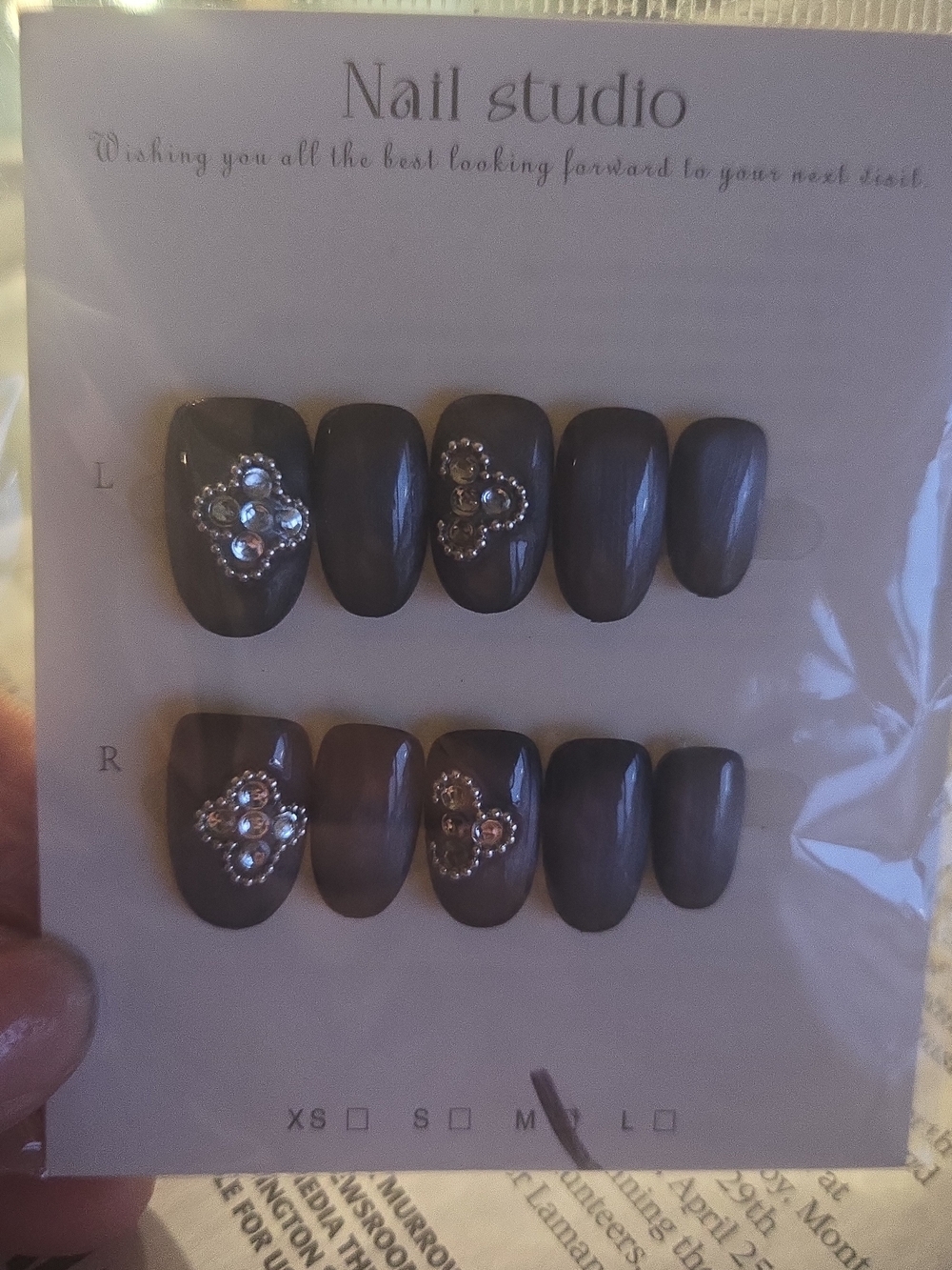 Nail Studio Press-On Nails in Deep Gray with Rhinestone Accent